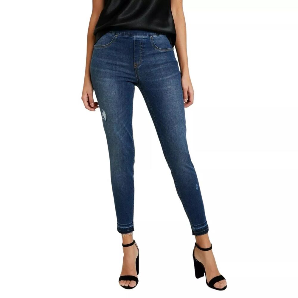 Spanx Distressed Ankle Skinny Pull On Jeans Size Medium Blue Dark Wash